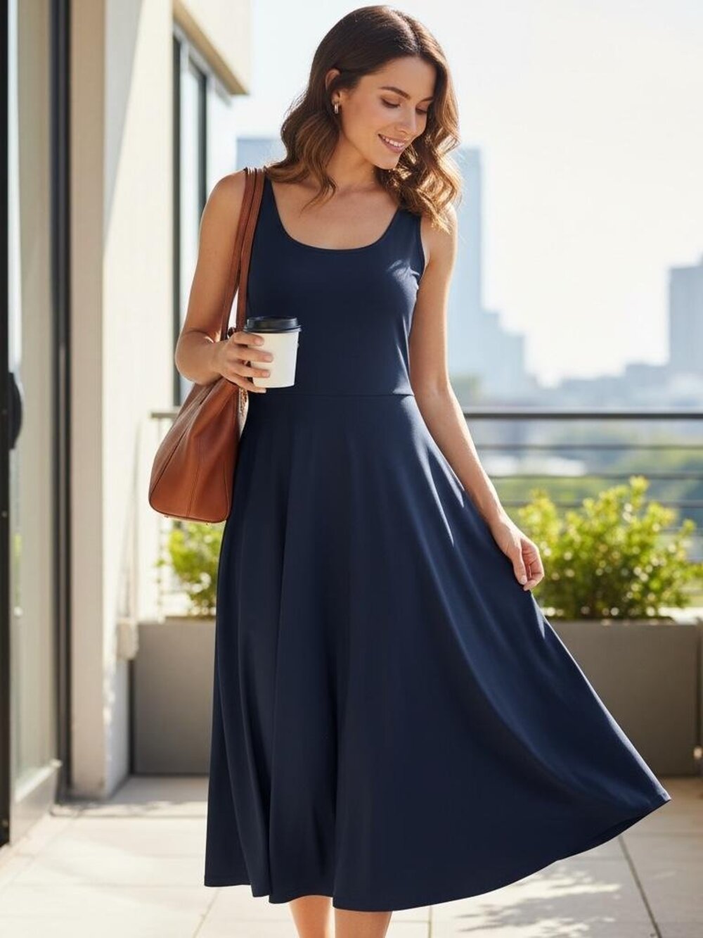 Alfani Dress Womens Petite Large Navy Sleeveless Midi Pockets NWT